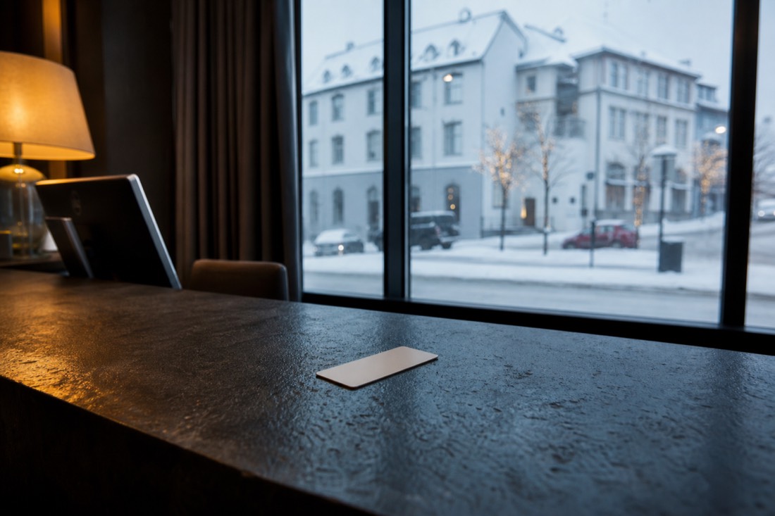 Hotel reception desk with a key card on the counter and a window onto a snowy street