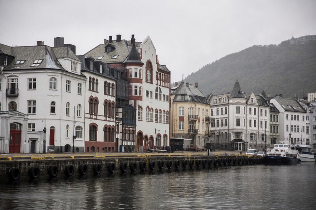 Ornate early twentieth century facades along a Norwegian harbour street