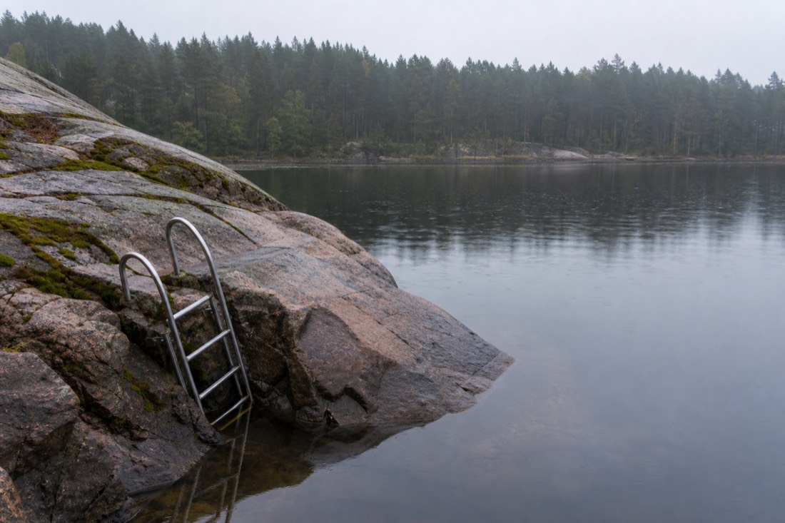 Swimmer's ladder on a smooth granite shoreline beside calm dark water with pine forest on the far bank