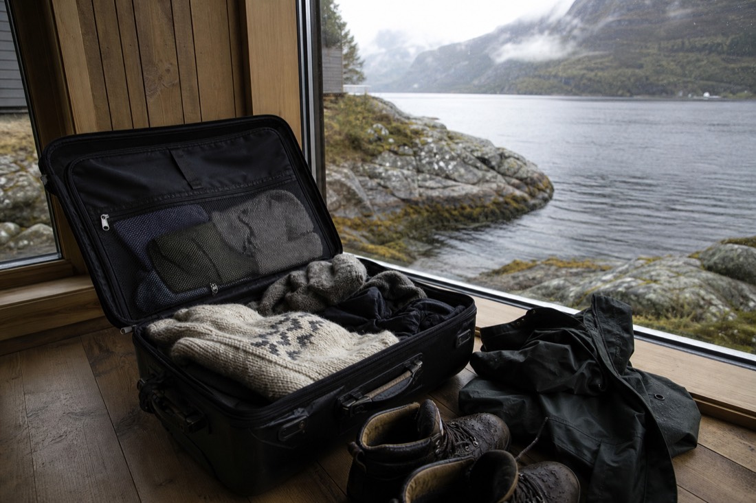 Open suitcase with wool layers, waterproof jacket and boots beside a window facing a fjord