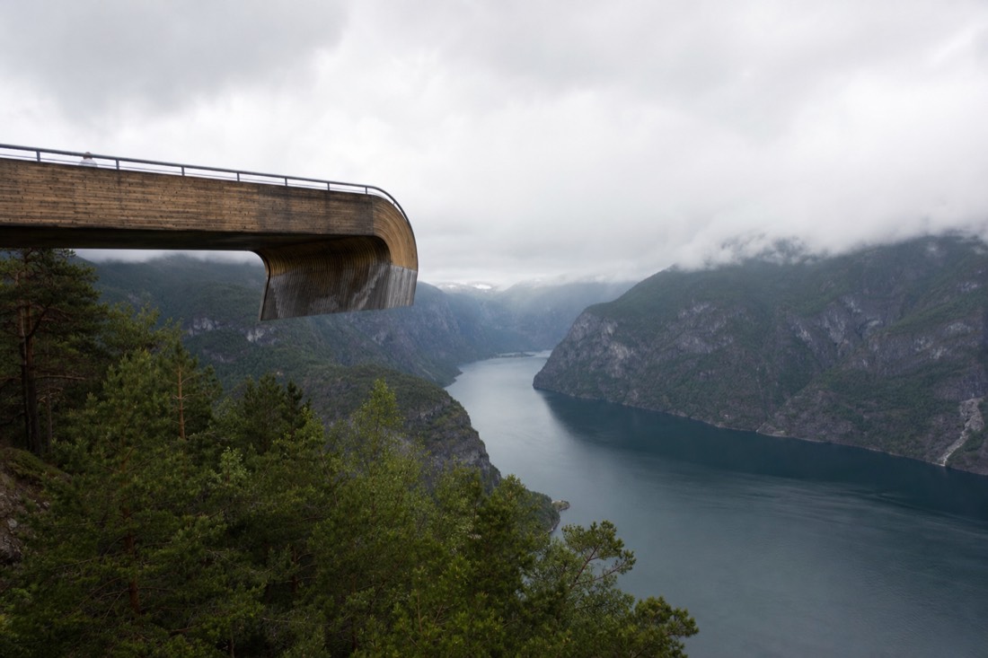 The Stegastein viewpoint platform cantilevered out over the Aurlandsfjord under low cloud