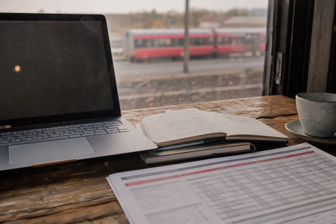 Laptop and a paper notebook on a table with a train timetable open and a coffee cup beside it