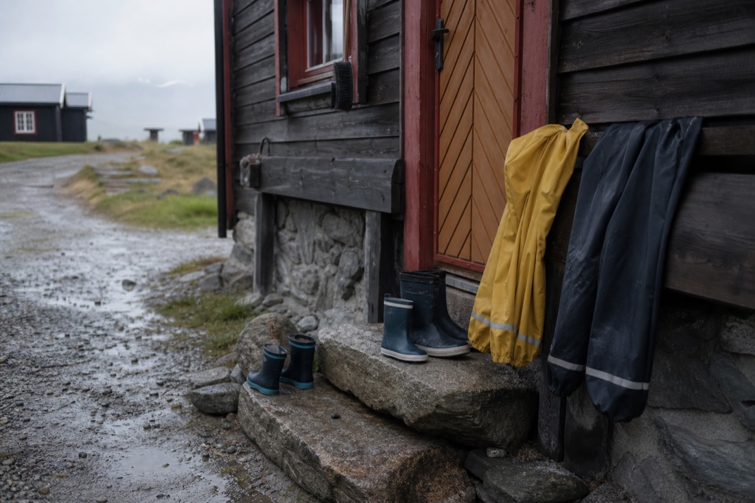 Children's rubber boots and waterproof trousers drying by a cabin door beside a wet path