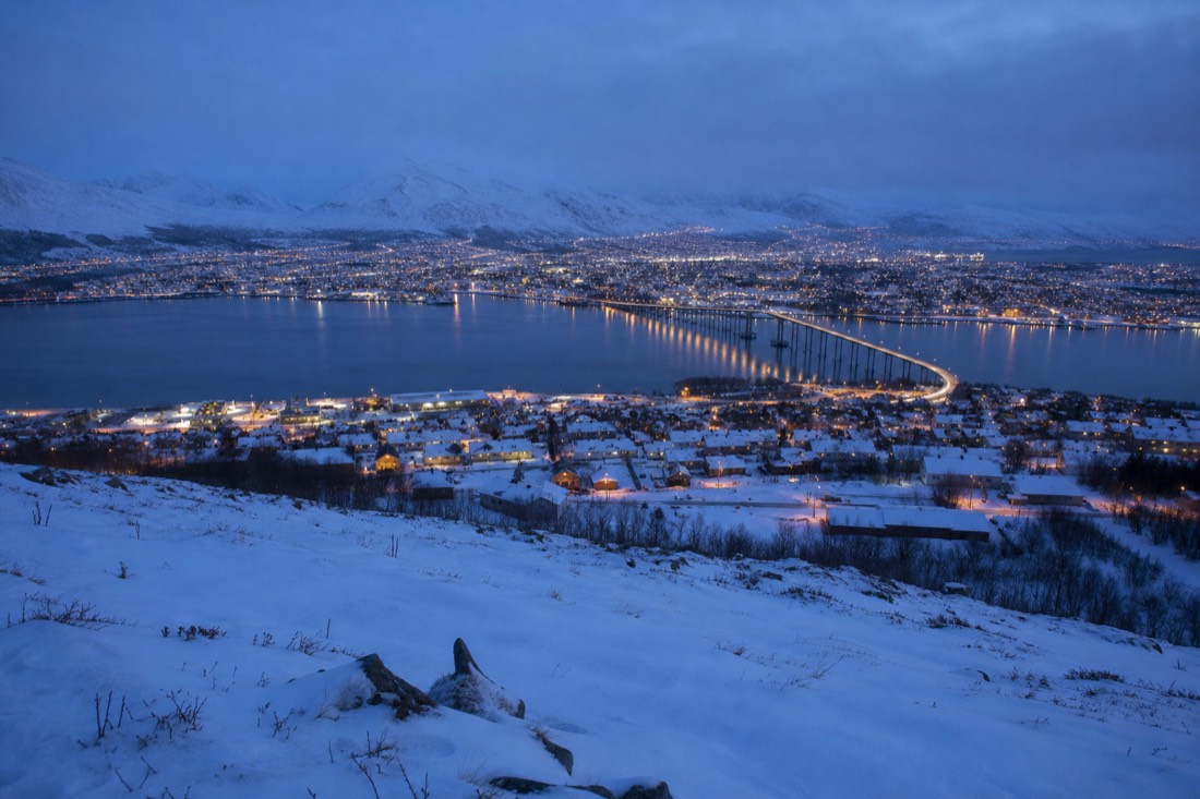 View from a hillside above Tromso at blue hour with city lights and the arched bridge below